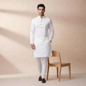 সাদা কালার প্রিমিয়াম মাইক্রোস্টিজ সলিড পাঞ্জাবি